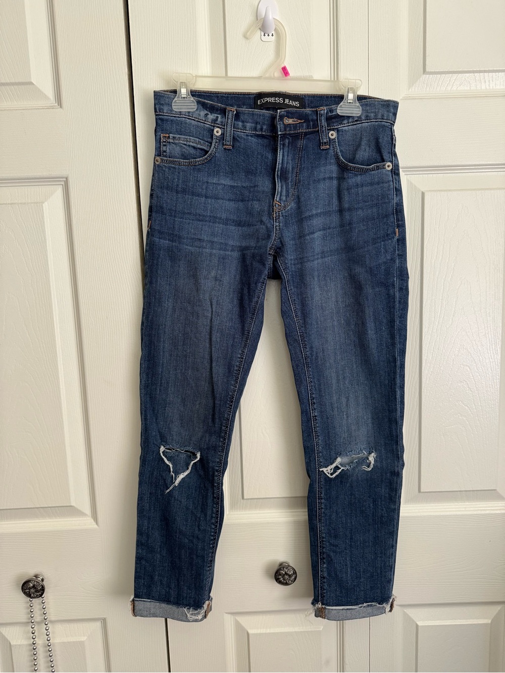 Express Dark Blue Distressed Ankle Jeans